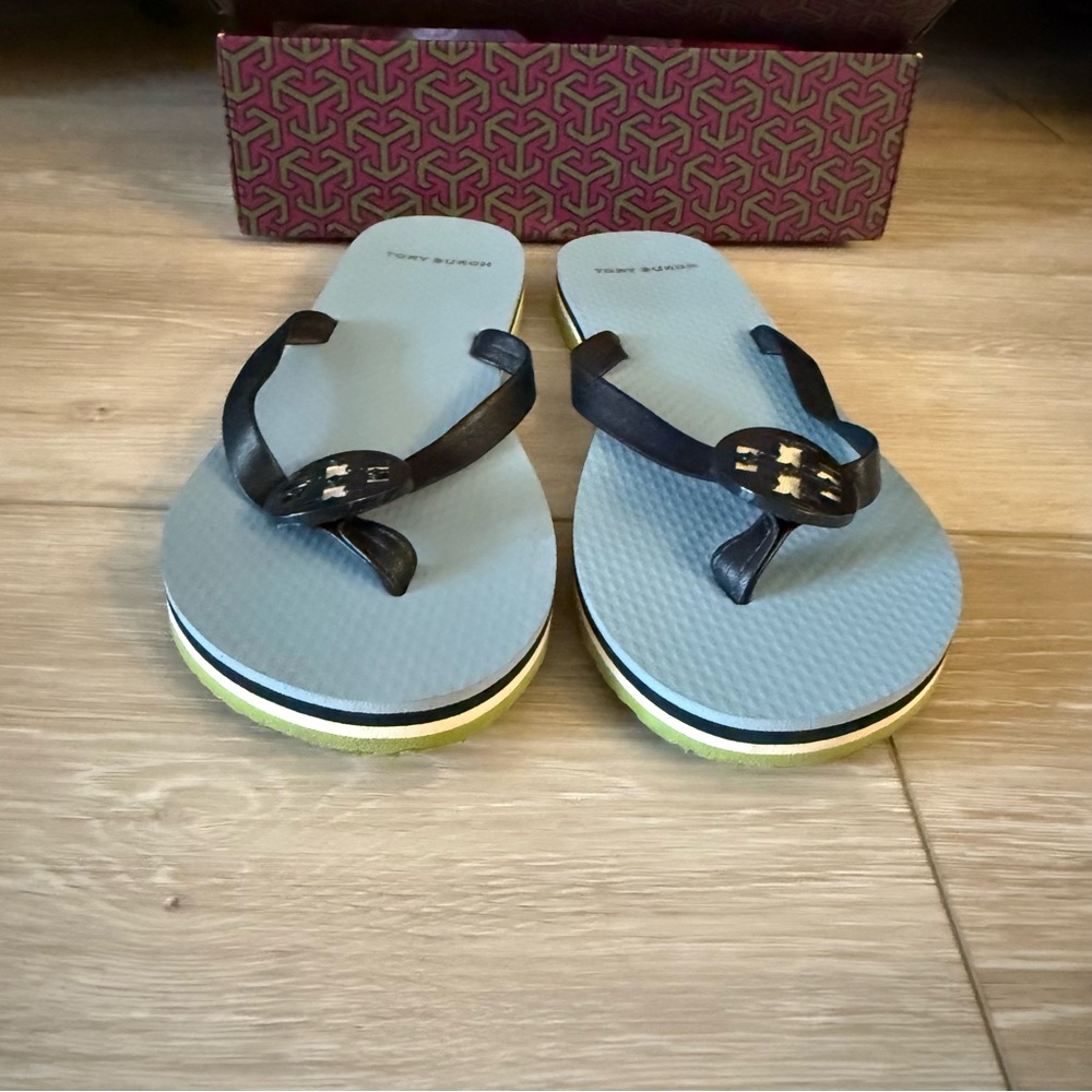 Tory Burch Minnie Flip Flop Napa Leather Black Blue White Shoe Sandal Slip on 7 - Picture 8 of 11